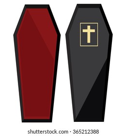 Vector illustration elegant black coffin with cross. Closed coffin