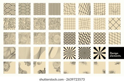 Vector illustration. Elegant black color bundle of square tiles. Geometric linear flat design elements for poster, book cover, frame, gift card, magazine. Simple minimalist line art wavy objects