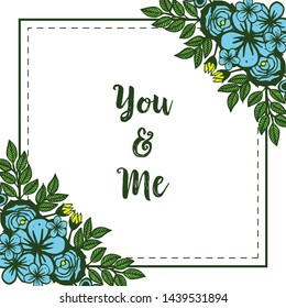Vector illustration elegant blue rose wreath frame with you and me