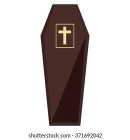 Vector illustration elegant brown wooden coffin with cross. Closed coffin