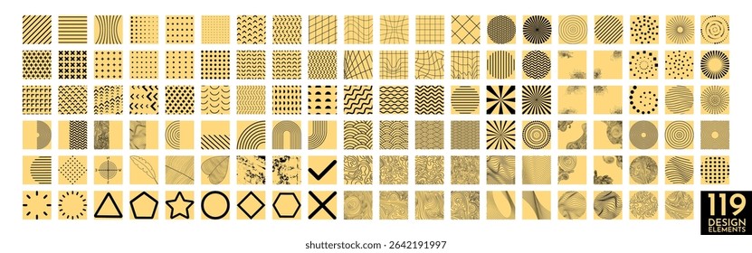 Vector illustration. Elegant bundle of yellow square tiles with black geometric flat design elements for poster, book cover, frame, gift card, magazine, flyer. Flat minimalist linear textured object