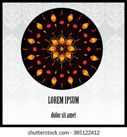Vector illustration of elegant card with abstract fire flower in zentangle style. Template with lace decoration and vintage elements on background. 