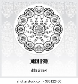 Vector illustration of elegant card with lace decoration, vintage elements and pattern in zentangle style. Black and white template