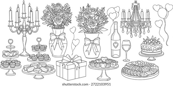 Ilustración vectorial de escena de celebración elegante con postres, vino, floresIlustración vectorial de escena de celebración elegante con postres, vino, flores