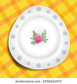 Vector illustration of an elegant ceramic plate with a floral pattern.