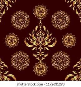Vector illustration. Elegant Christmas Background with Shining Golden Elements. Golden seamless pattern on a brown background.