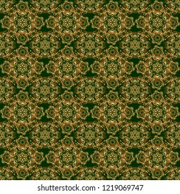 Vector illustration. Elegant Christmas Background with Shining Golden Elements. Golden seamless pattern on a green background.