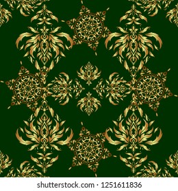Vector illustration. Elegant Christmas Background with Shining Golden Elements. Golden seamless pattern on a green background.
