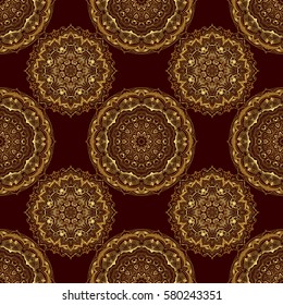 Vector illustration. Elegant Christmas Background with Shining Golden Elements. Golden seamless pattern on a brown background.