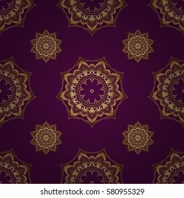 Vector illustration. Elegant Christmas Background with Shining Golden Elements. Golden seamless pattern on a purple background.