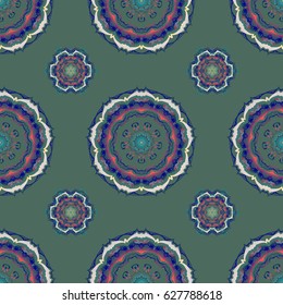 Vector illustration. Elegant Christmas Background with Shining Multicolored Elements. Multicolored seamless pattern on a green background.