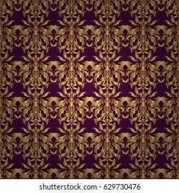 Vector illustration. Elegant Christmas Background with Shining Golden Elements. Golden seamless pattern on a purple background.