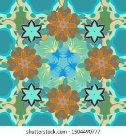 Vector illustration. Elegant Christmas Poster Template with beige, green and blue Elements. Seamless pattern with Luxury Ornament.