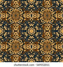 Vector illustration. Elegant Christmas Poster Template with Golden Elements. Seamless pattern with Luxury Ornament On a blue Background.