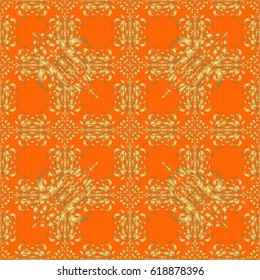 Vector illustration. Elegant Christmas Poster Template with Golden Elements. Seamless pattern with Luxury Ornament On a orange Background.