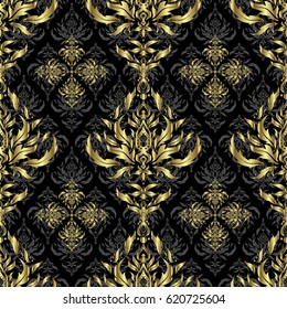 Vector illustration. Elegant Christmas Poster Template with Golden Elements. Seamless pattern with Luxury Ornament On a black Background.