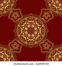 Vector illustration. Elegant Christmas Poster Template with Golden Elements. Seamless pattern with Luxury Ornament On a red Background.