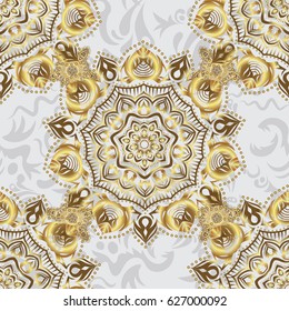 Vector illustration. Elegant Christmas Poster Template with Golden Elements. Seamless pattern with Luxury Ornament On a gray Background.