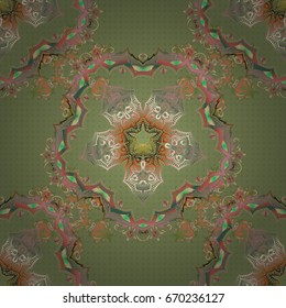 Vector illustration. Elegant Christmas Poster Template with green, pink and orange Elements. Seamless pattern with Luxury Ornament.