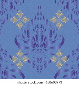 Vector illustration. Elegant Christmas seamless pattern with Shining yellow, violet and blue Elements.
