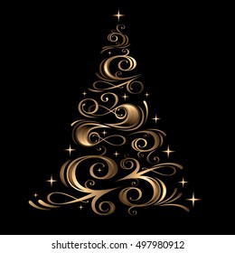 Vector illustration of elegant Christmas tree with golden details isolated on black background