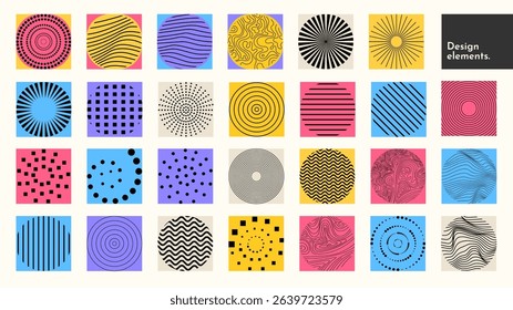 Vector illustration. Elegant color bundle of square tiles. Geometric flat design elements for poster, book cover, frame, gift card, magazine. Simple minimalist linear and dotted circle objects