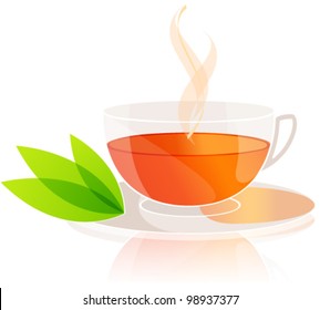 Vector illustration of an elegant, detailed tea cup with leaves