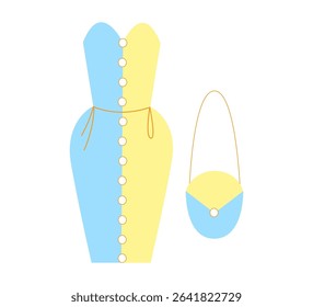 Vector illustration of elegant dress with handbag in pastel colors.