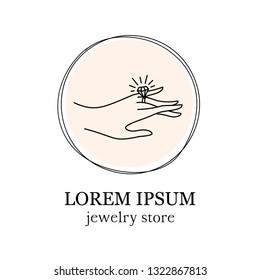 vector illustration of an elegant female hand with a ring on the finger. Design concept for luxury jewelry store, wedding salon, handmade jewelry. In a modern minimalistic linear style