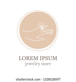 vector illustration of an elegant female hand with a ring on the finger. Design concept for luxury jewelry store, wedding salon, handmade jewelry. In a modern minimalistic linear style