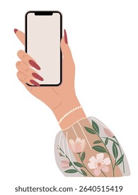 Vector illustration of elegant female hand with long nails holding smartphone. Floral sheer sleeve and pearl bracelet. Feminine tech style, isolated on white background