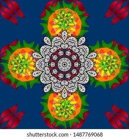 Vector illustration. Elegant Flowers Bouquet Watercolor on a blue, green and red colors. Flat Flower Elements Design. Colour Spring Theme seamless pattern Background.