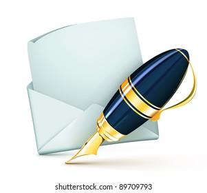 Vector illustration of elegant fountain pen with white blank open envelope