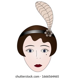 Vector illustration of an elegant girl's face from 1920.Hairstyle a La Garcon. Headdress made of a headband with a flower brooch and a feather. Face with a mole on an isolated background.Retro-style.