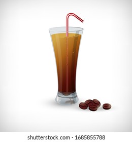 Vector illustration. Elegant glass with cocktail, bubbles and drinking straw. Coffee beans. Flat style. Vignette background. Elements for web designs.