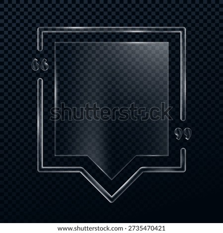 Vector illustration. Elegant glass morphism quote box. Translucent square pane within a glowing neon-style speech bubble frame. Quotation marks and realistic glass reflections. Design for web banner