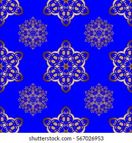 Vector illustration. Elegant golden ornament with gold stars, filigree decor on ornate blue background. Luxury floral seamless pattern, button-tufted texture, ornate elements in vintage style.