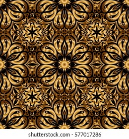 Vector illustration. Elegant golden ornament with gold stars, filigree decor on ornate black background. Luxury floral seamless pattern, button-tufted texture, ornate elements in vintage style.