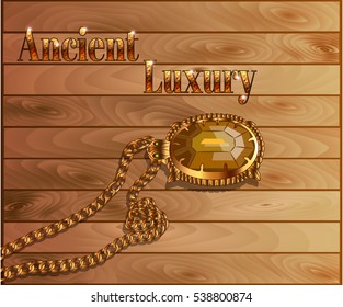 Vector illustration of an elegant golden turtle statue on a wooden background. Shiny slogan ancient luxury
