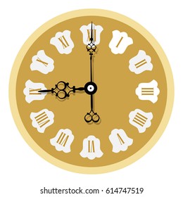 Vector illustration elegant golden wall clock with vintage hour hand isolated on white background. Clock on wall shows eight o'clock. Roman numeral clock