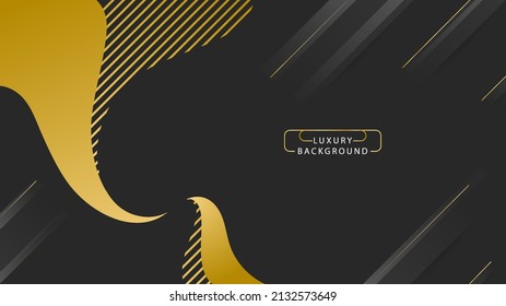 Vector illustration of elegant golden wave and line texture with dynamic diagonal gray rectangle decoration on dark black background template design