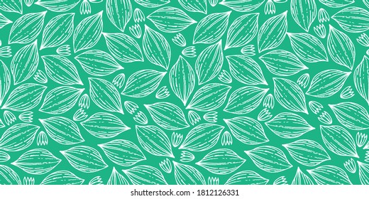 vector illustration elegant green tropical nature foliage leaves repeat seamless pattern doodle cartoon style. Great for fabric packaging wallpaper