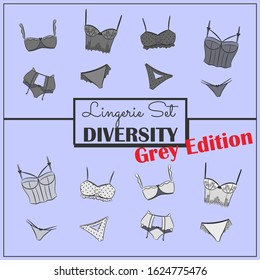 Vector Illustration. Elegant Grey Diverse Ladies Lingerie Set. Collection of Black and White Underwear Garments. Items for Women Shops or Boutiques