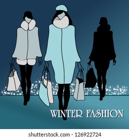 Vector illustration of elegant, hand drawn style winter fashion women