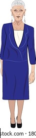 A vector illustration of an elegant looking senior lady with white hair, long dangling earrings, dressed in a blue suit, and wearing high heel shoes.