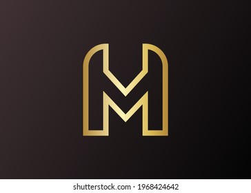 Ilustración vectorial de la lujosa y elegante letra dorada M. Vintage Modelo de diseño de línea de logotipo moderno