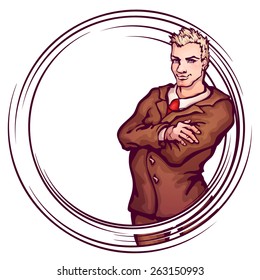 Vector illustration of elegant man. Round banner