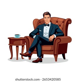Vector illustration of an elegant man in a tuxedo sitting in a leather armchair with a coffee table. Cartoon style character in formal wear, luxury lifestyle concept.