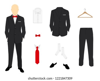 Vector illustration. Elegant  men fashion, suit uniform with jacket, pants, shirt and shoes isolated on white