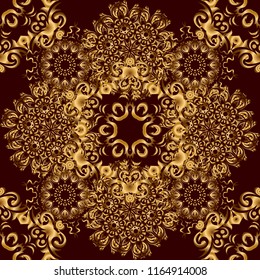 Vector illustration. Elegant Merry Christmas or Happy New Year 2018 seamless pattern with golden ornament on a brown background.